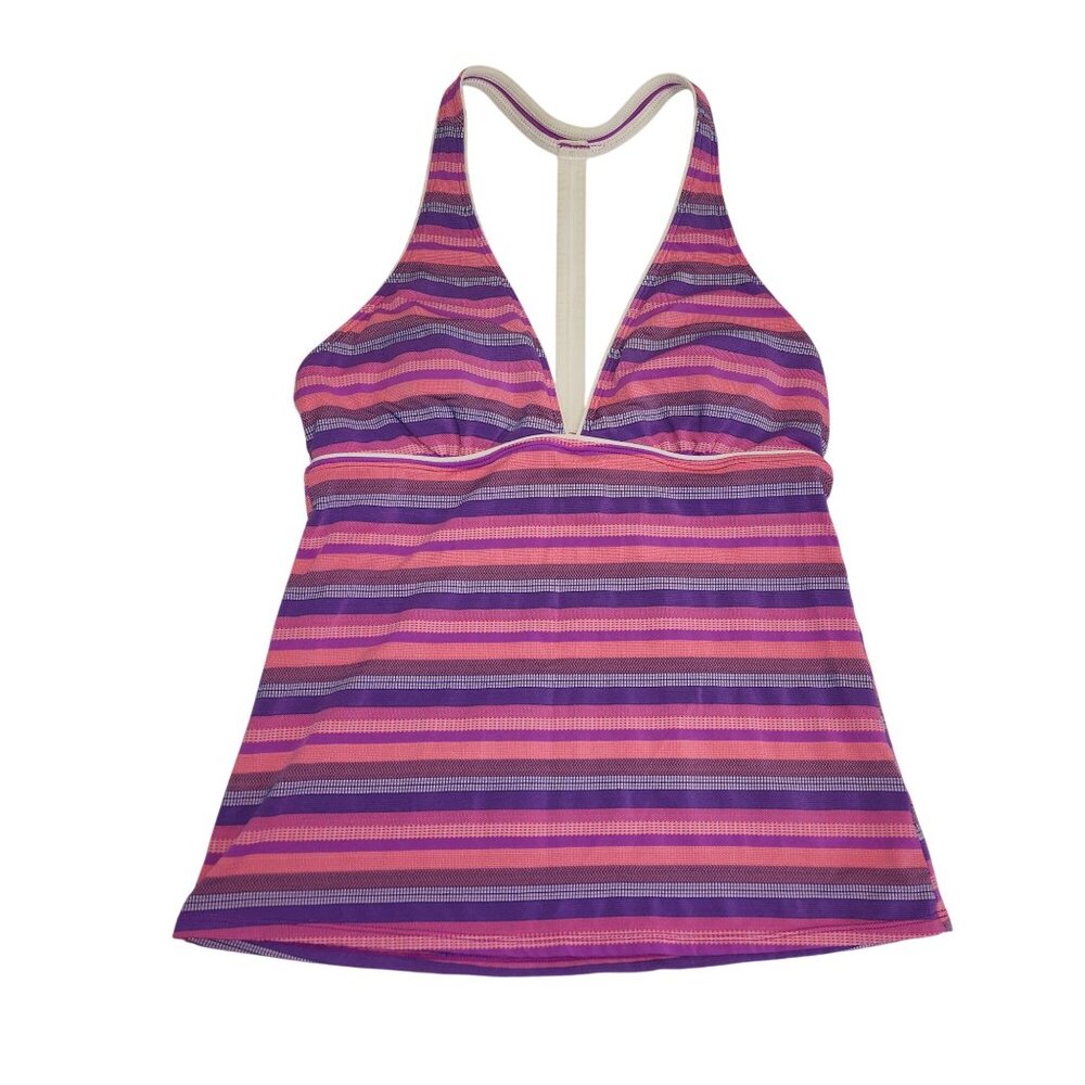 Athleta Womens M Pink Purple Striped T Back Tankini Top 2145